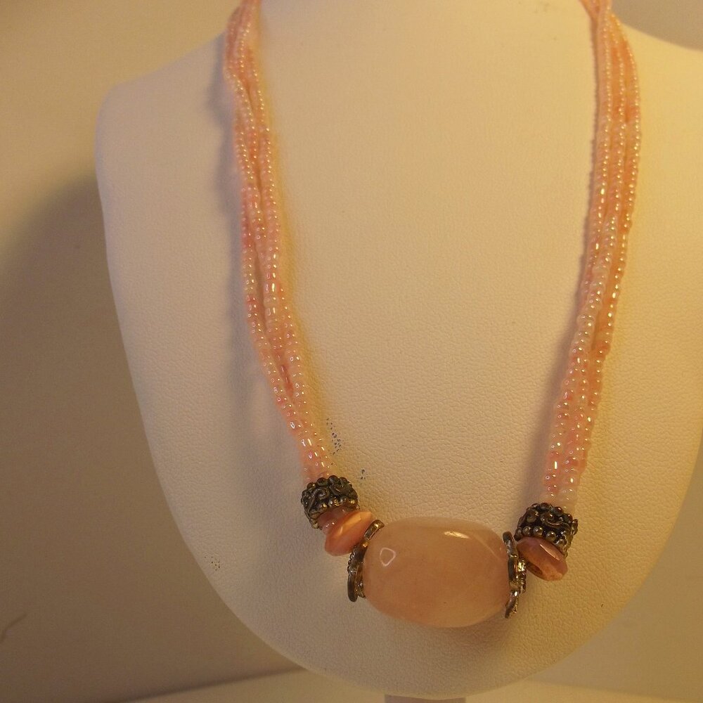 Rose Quartz Pendant Necklace - Multi Strand Pink Seed Beads
